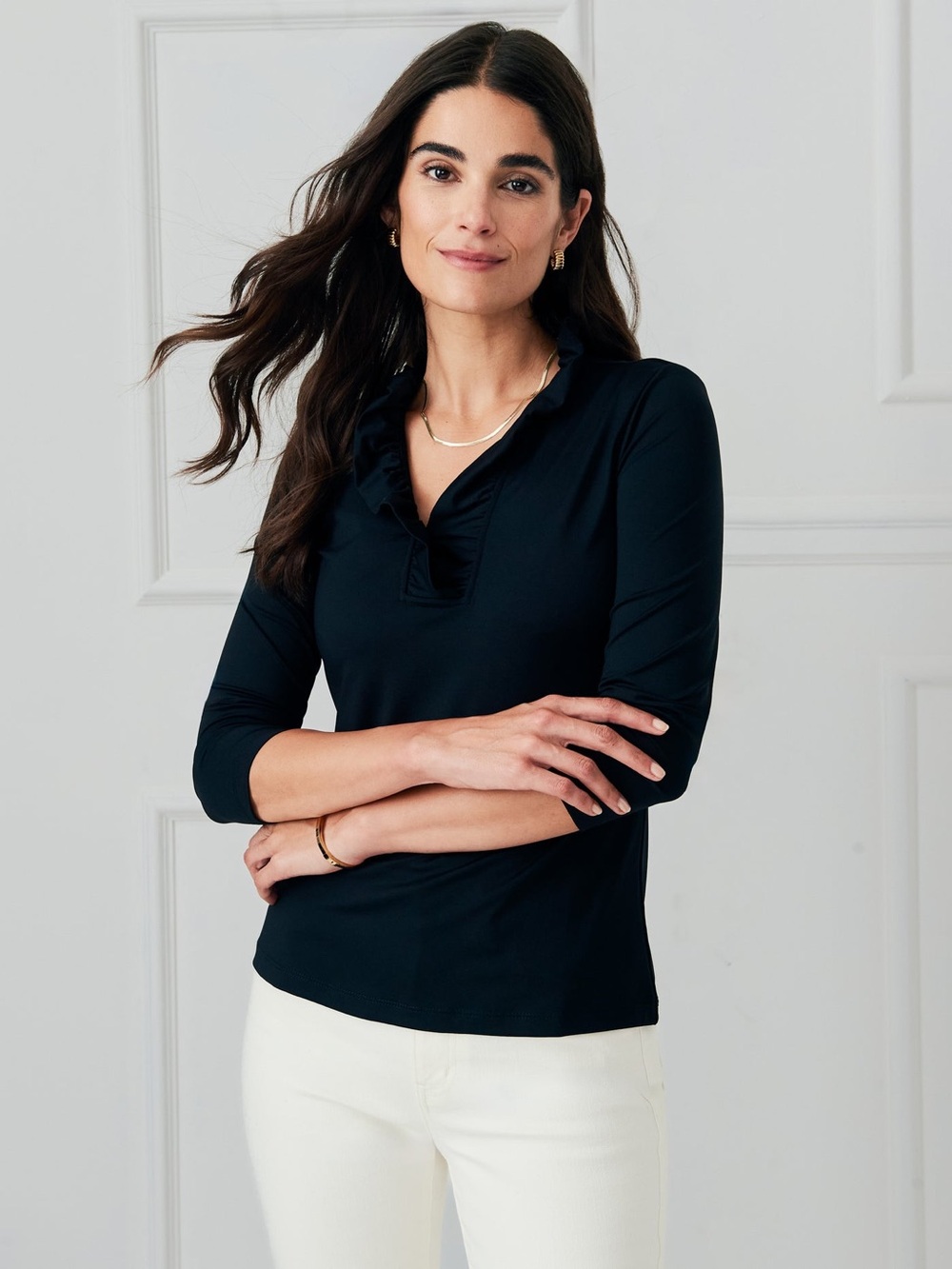Ruffle-Trim 3/4 Sleeve Long-Sleeve Top - Black